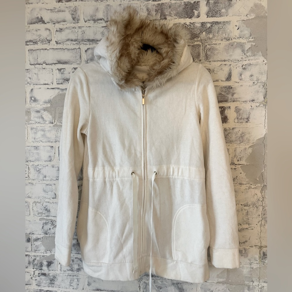 Cream Faux Fur Long Zipper Hoodie - Picture 2 of 8